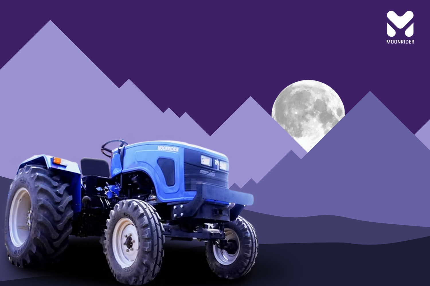 The image features the branding of "MoonRider," with its logo in the top right corner. A blue tractor labeled "MoonRider" is positioned in the foreground, set against a backdrop of purple mountains and a full moon, creating a scenic and rugged atmosphere.
