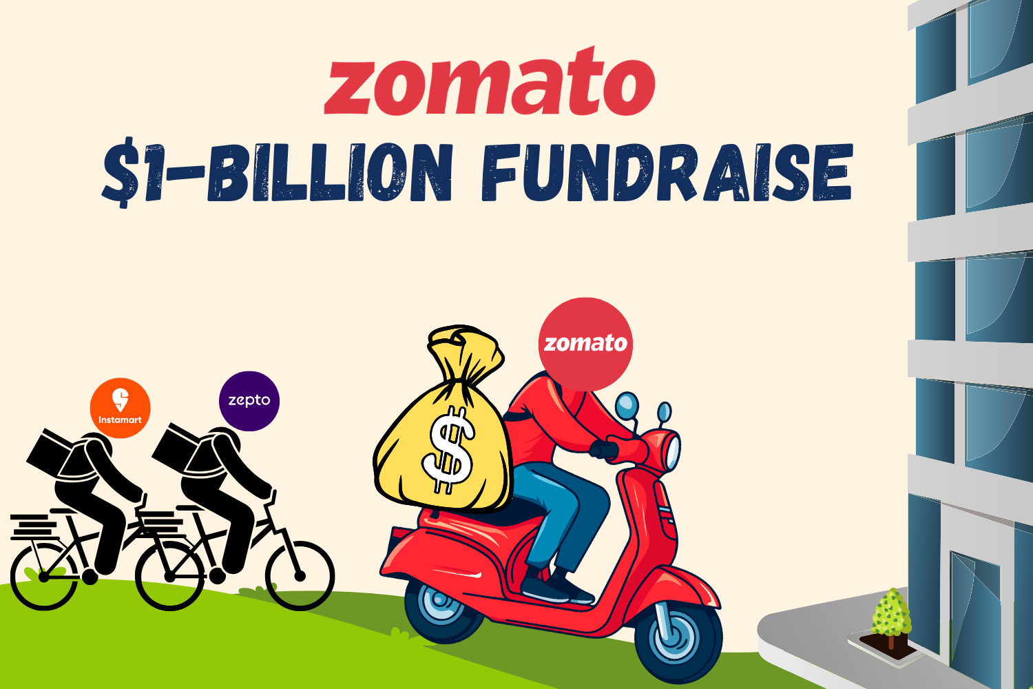 The image shows Zomato raising a $1 billion fund, depicted by a Zomato delivery person on a scooter carrying a large money bag. Instamart and Zepto delivery people on bicycles are shown behind, representing competition.