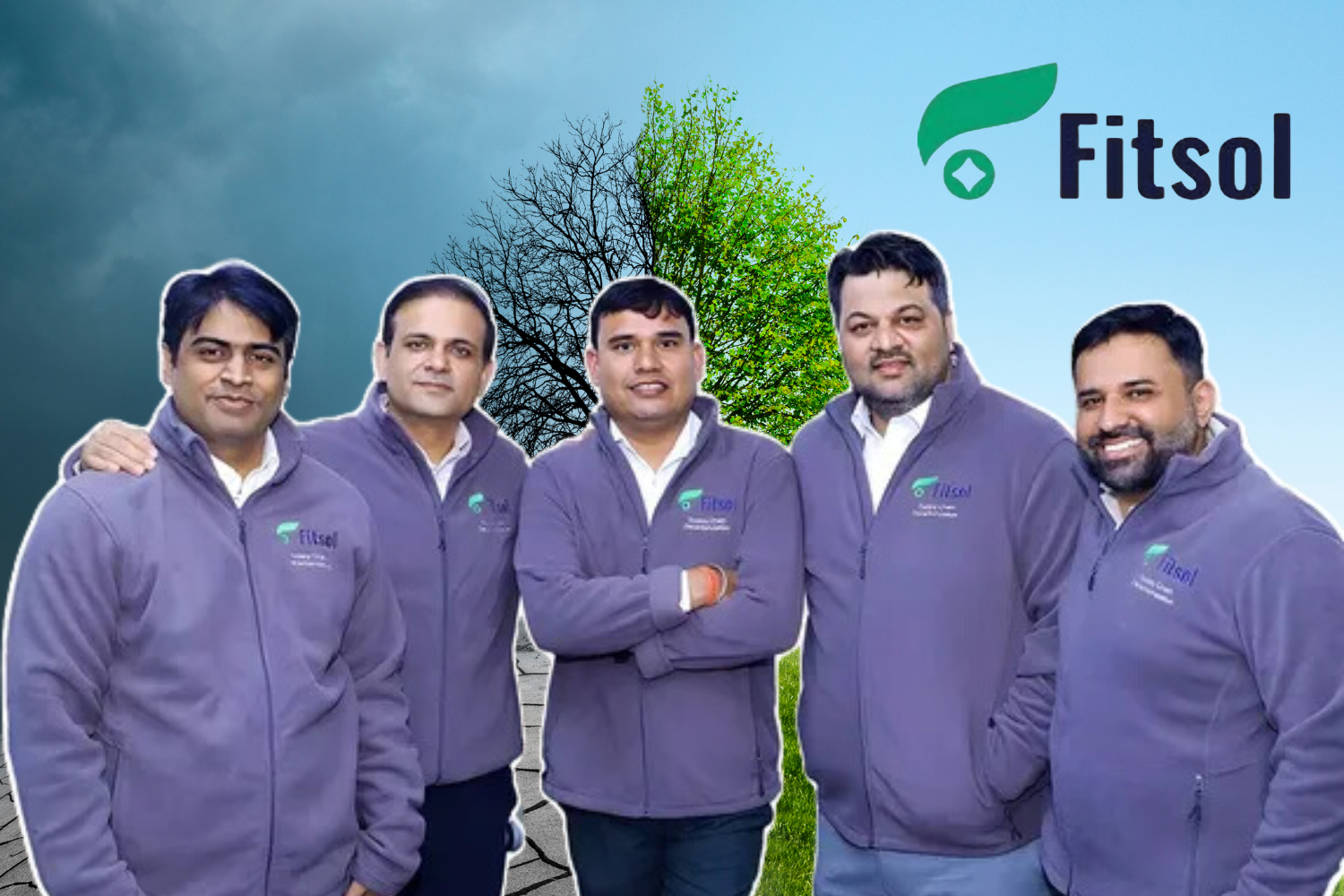 Fitsol's leadership team posing in matching branded jackets, symbolizing unity and commitment to sustainable solutions, with a serene natural background.