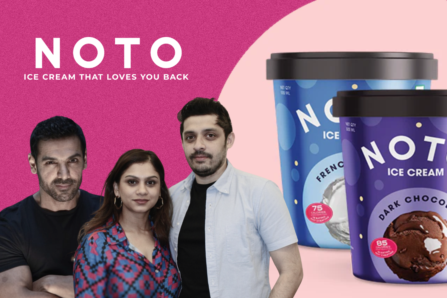 A promotional image for NOTO Ice Cream featuring three individuals, including a celebrity, against a pink background. The text 'NOTO Ice Cream That Loves You Back' is displayed, with two ice cream tubs in the background showcasing flavors like French Vanilla and Dark Chocolate