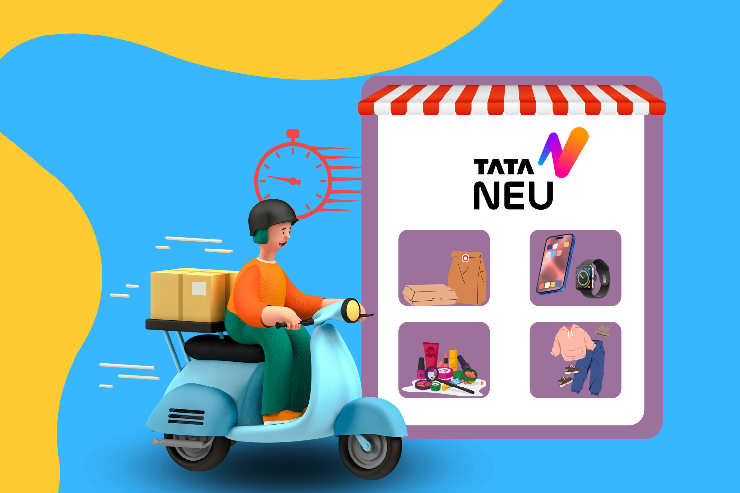 The image shows a person riding a light blue scooter with a delivery box on the back, symbolizing fast delivery, as indicated by a red stopwatch icon in the background. To the right, there is a storefront with the "Tata Neu" logo and images representing various product categories, including packaged food, electronics (like a smartphone and smartwatch), cosmetics, and clothing. The background is bright with blue and yellow colors, creating a lively and engaging look.