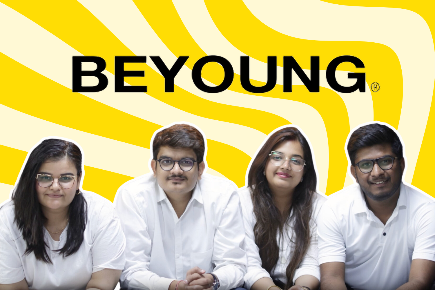The image shows four individuals sitting together, all wearing white attire, smiling at the camera. Behind them is a vibrant yellow and cream wavy background, with the bold text "BEYOUNG" in black at the top center. The individuals appear to be a team, possibly founders or key members of Beyoung.
