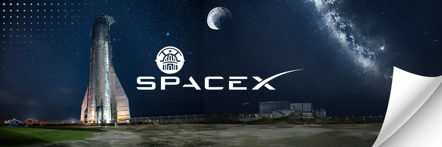 Banner featuring a night scene with a futuristic rocket standing tall on the left, under a star-filled sky. The middle of the banner shows the logos of AkashaLabdhi and SpaceX prominently displayed against the dark backdrop. The right side of the image transitions into an expansive view of the cosmos, including a visible planet and the Milky Way galaxy, symbolizing the boundless possibilities of space exploration. The lower right corner of the banner features a subtle curl, giving a sense of a page being turned.