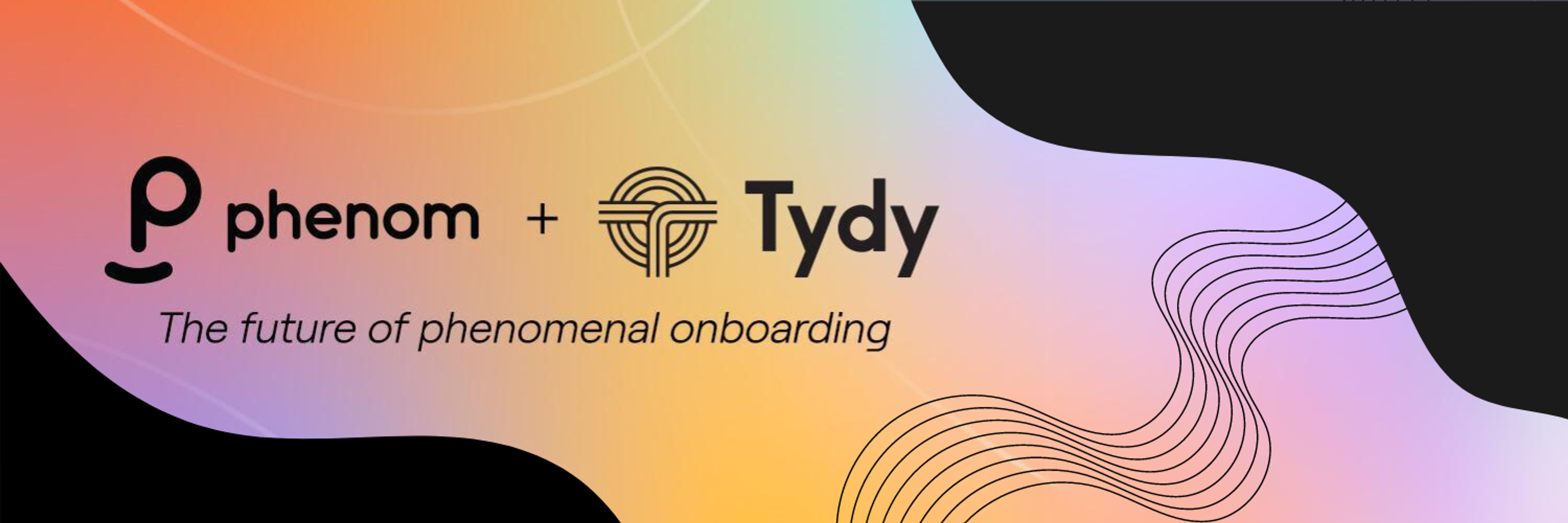 The image is a wide banner showcasing the branding and merger announcement between Phenom and Tydy. It features the logos of both companies with the phrase "Phenom + Tydy" prominently displayed in the center. The tagline "The future of phenomenal onboarding" is positioned beneath the logos, suggesting a focus on innovative HR solutions. The background blends soft gradients of orange, pink, and purple, overlaid with a wave-like pattern in white, adding a modern, dynamic look to the design.