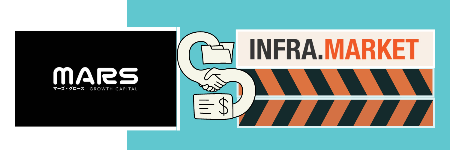 This image appears to represent a partnership or transaction between two entities, "MARS Growth Capital" and "Infra.Market." The design consists of three main parts: the logo of MARS Growth Capital on the left, a central graphic featuring two stylized hands shaking, connected by a briefcase and a document with a dollar sign—symbolizing a financial transaction or partnership—and the logo of Infra.Market on the right. The color scheme is a mix of black, white, and teal, with the background split diagonally in teal and striped black and orange under the Infra.Market logo. This banner likely indicates a financial or business collaboration between the two companies.