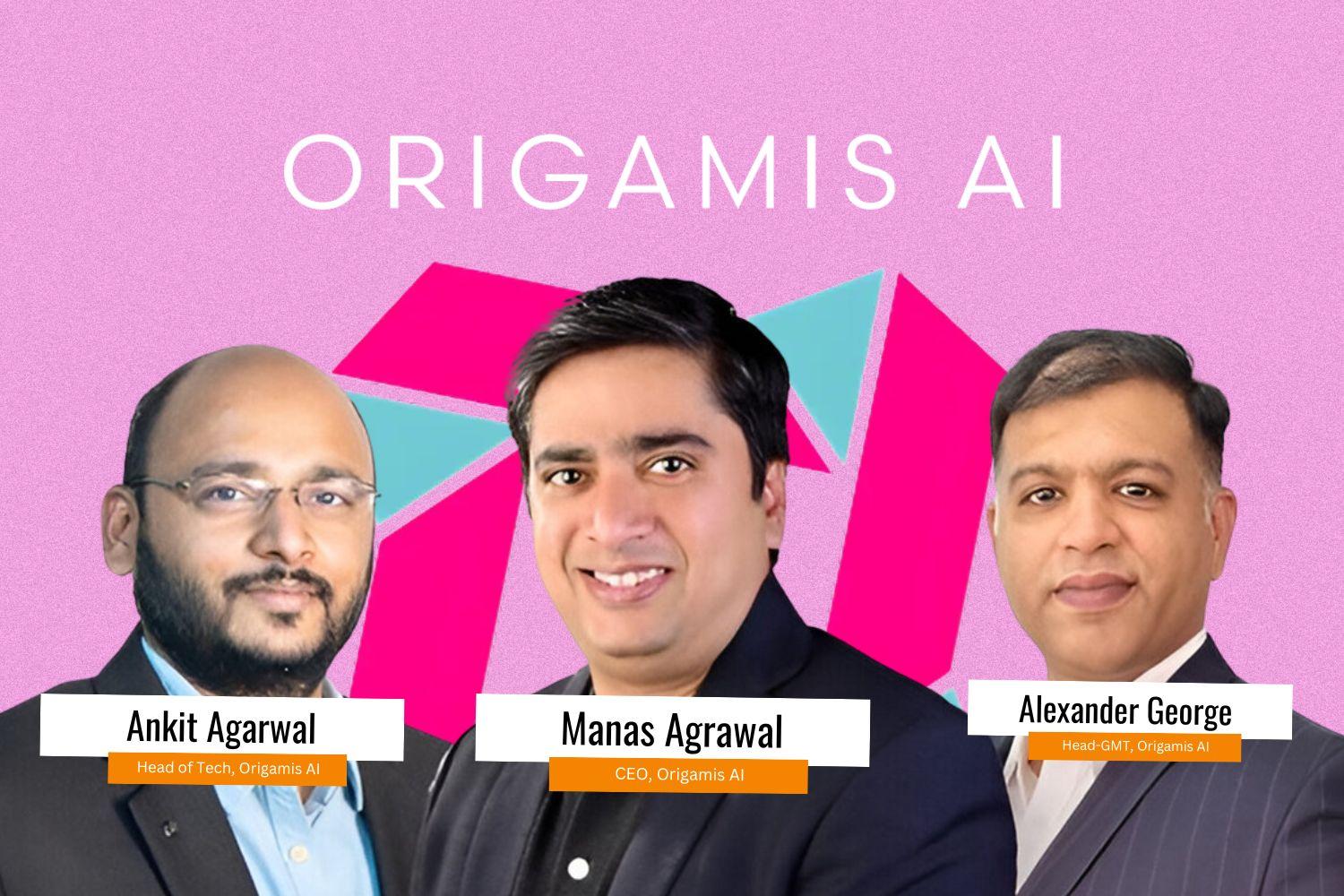 A digital graphic featuring three team members of Origamis AI against a pink background with geometric patterns. The company name "Origamis AI" is displayed at the top. The three individuals are labeled:  Ankit Agarwal, Head of Tech, wearing glasses and a suit. Manas Agrawal, CEO, in a black blazer. Alexander George, Head-GMT, in a suit.