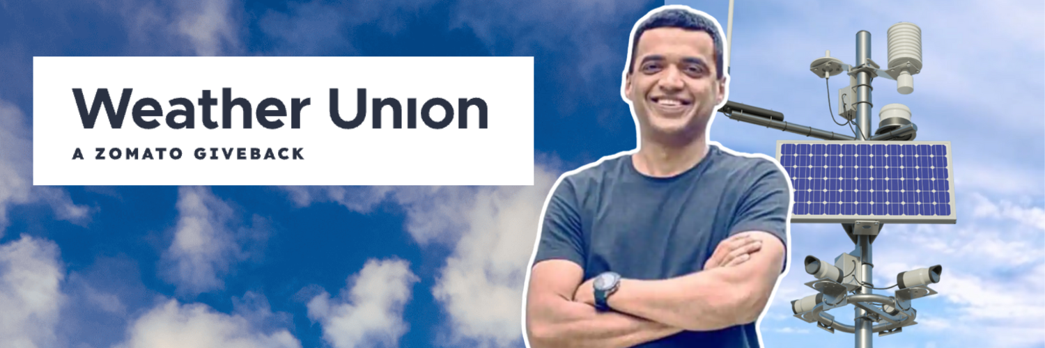 The promotional banner for "Weather Union," a Zomato Giveback initiative, features a bright sky background with the logo "Weather Union" centrally positioned. On the right, there's an advanced weather station outfitted with sensors and a solar panel, showcasing the project's technological investment. On the left, Deepinder Goyal, co-founder of Zomato, is depicted smiling, adding a personal touch and highlighting his involvement in the initiative. The banner effectively merges technology with community engagement, emphasizing the initiative’s commitment to providing valuable weather data for public good.
