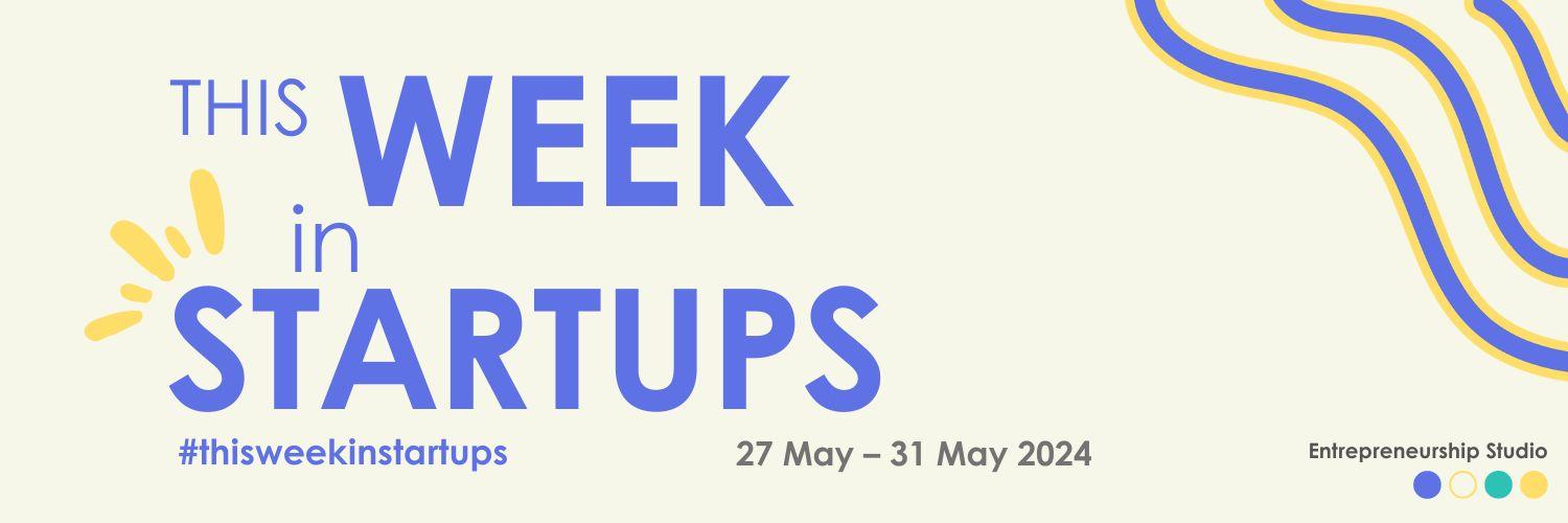 The image is a banner titled "THIS WEEK in STARTUPS" and displays the date range "27 May - 31 May 2024". It features a minimalist design with large, bold text in blue on a light beige background. A stylized graphic consisting of wavy lines in varying shades of blue and yellow circles flows across the right side, adding visual interest. The logo of Entrepreneurship Studio is positioned at the bottom right corner, indicating their affiliation with the event or content being advertised.