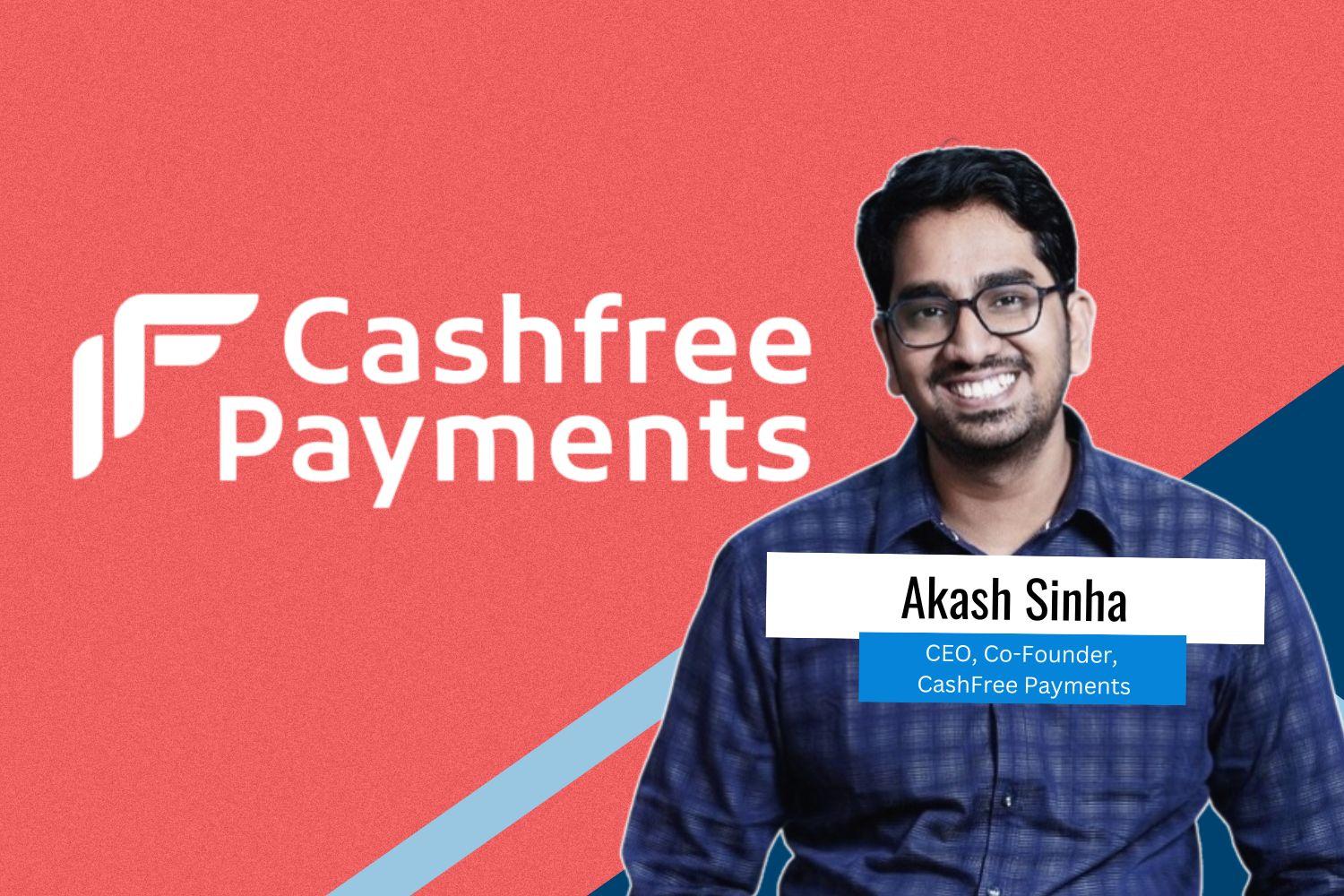 A digital thumbnail featuring Akash Sinha, CEO and Co-Founder of Cashfree Payments. He is smiling and wearing glasses with a blue plaid shirt. The background is red with the Cashfree Payments logo, and his name and title are displayed in a white and blue label.