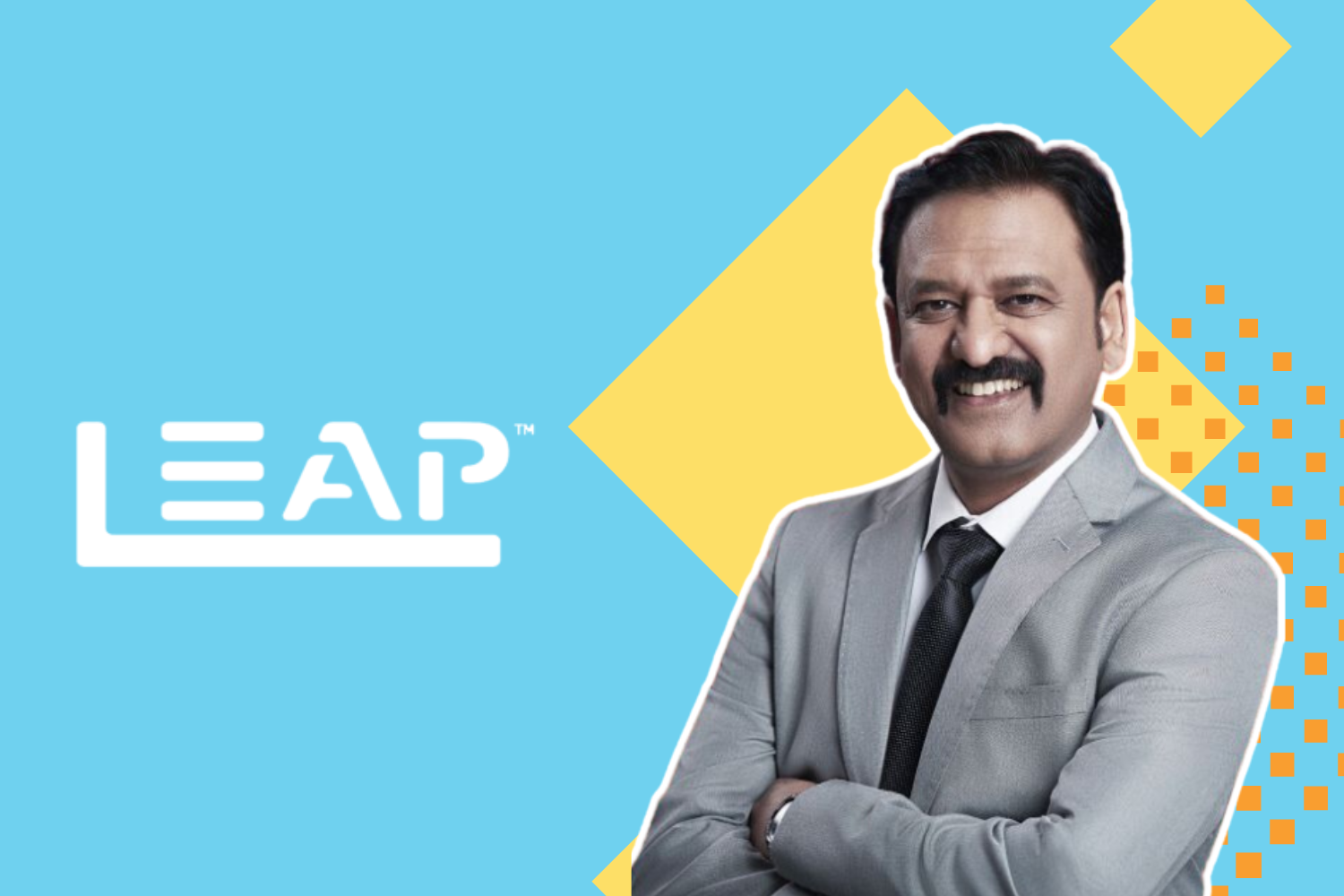 A professionally dressed man in a light grey suit and tie smiles confidently against a vibrant blue background with yellow geometric accents. The word "LEAP" is prominently displayed on the left in bold white letters.