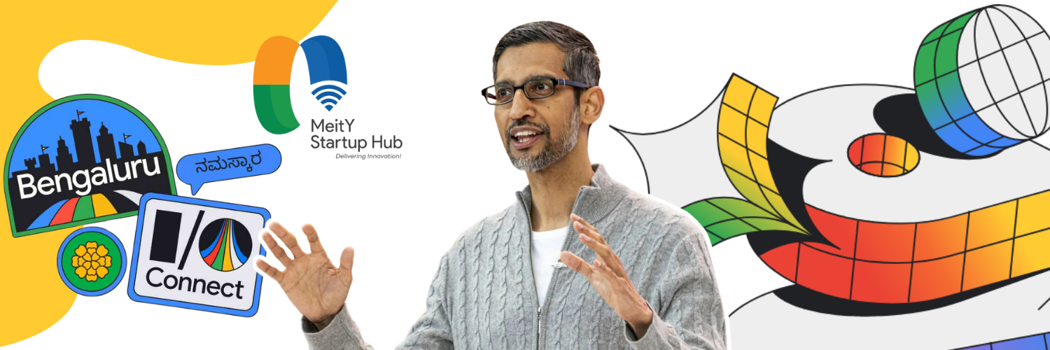 Sundar Pichai, CEO of Google, speaking with animated hand gestures, in front of graphics representing Google I/O Connect, Bengaluru, and MeitY Startup Hub. The background includes colorful illustrations related to the event and technology.