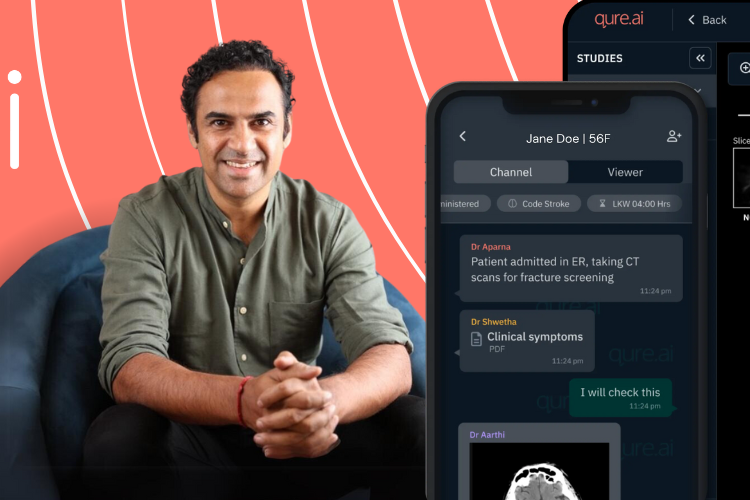 The image features a banner showcasing Qure.ai. On the left side, the Qure.ai logo is prominently displayed against an orange background. In the center, Prashant Warier, cofounder and CEO of Qure.ai, is seated, smiling confidently. To the right, there is a depiction of Qure.ai’s AI-powered medical diagnostic platform, displaying a patient’s medical imaging results, including a detailed view of a CT scan highlighting a lung nodule. The interface of the diagnostic tool is visible on a smartphone and desktop screen, illustrating its advanced medical imaging capabilities.