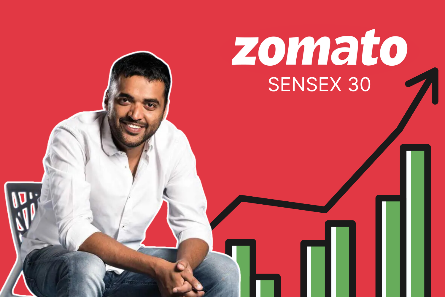 This is an image featuring Deepiner Goyal founder of Zomato sitting on a modern chair, with a red background. The text "zomato" is written in bold white letters, along with "SENSEX 30" in smaller white text. To the right, a graphical representation of an upward-trending growth chart with green bars and a black arrow signifies financial or business growth.
