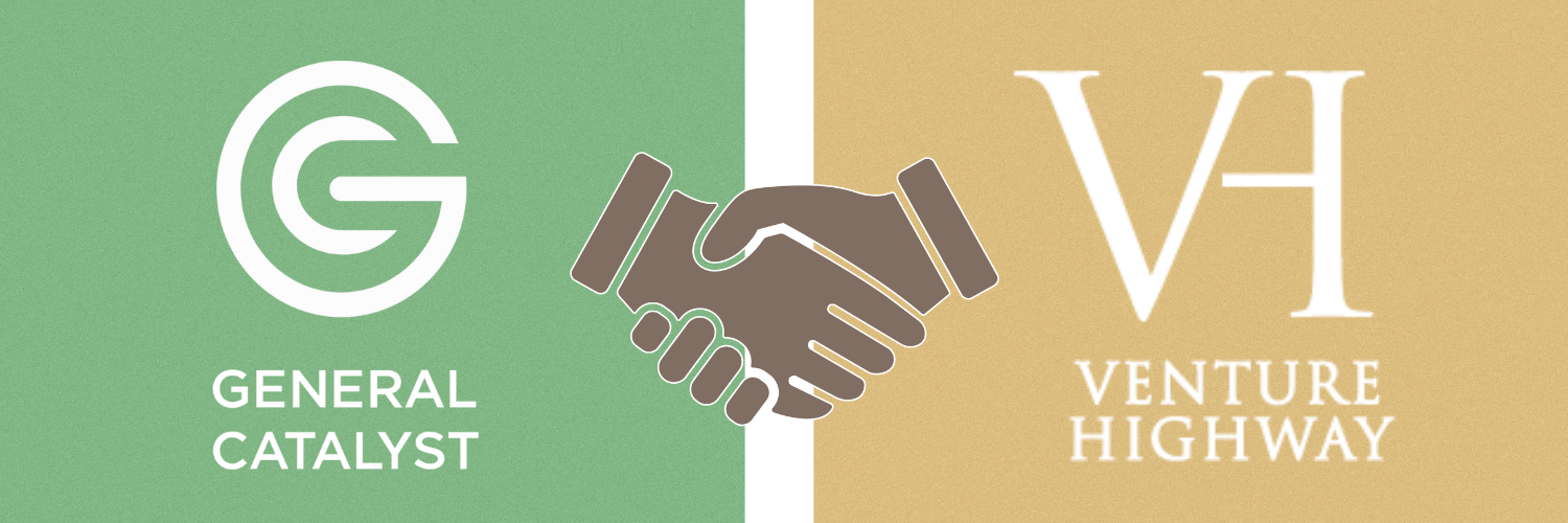 A banner showcasing a partnership between General Catalyst and Venture Highway, featuring their logos on a split background of green and tan with a central graphic of a stylized handshake.