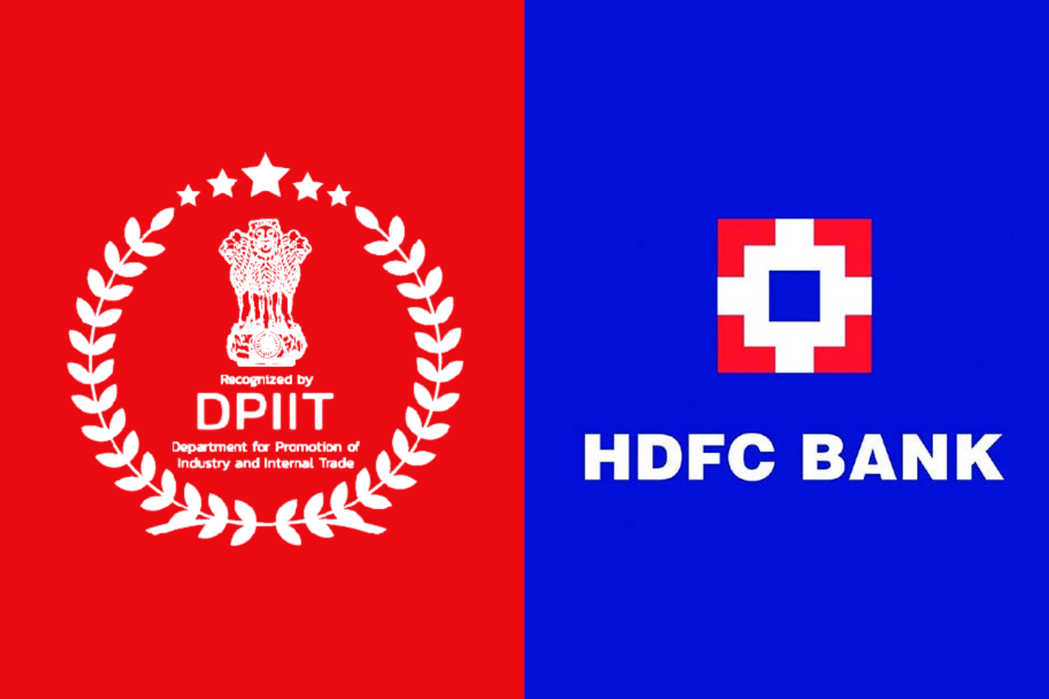 The image is divided into two sections. The left side has a red background with the Indian government emblem surrounded by a laurel wreath, labeled "Recognized by DPIIT" (Department for Promotion of Industry and Internal Trade). The right side has a blue background featuring the HDFC Bank logo with a red and white square design above the text "HDFC BANK."