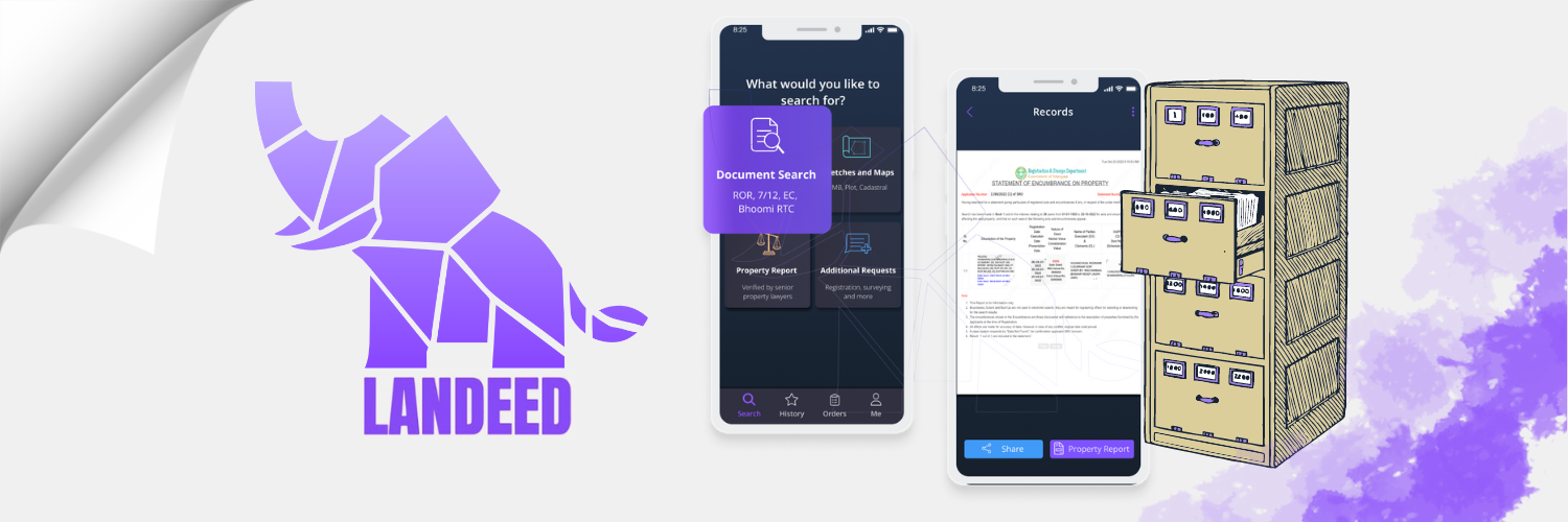 Landeed logo featuring a stylized purple elephant next to two smartphone screens displaying the Landeed app interface, and an illustration of a filing cabinet.