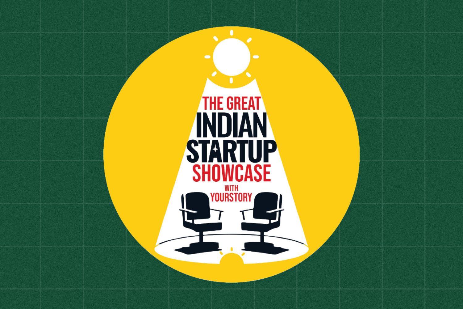 A stylized spotlight graphic highlighting two chairs under bright light. The text reads "The Great Indian Startup Showcase with YourStory." The background is green with a grid pattern, and the spotlight is yellow and circular.