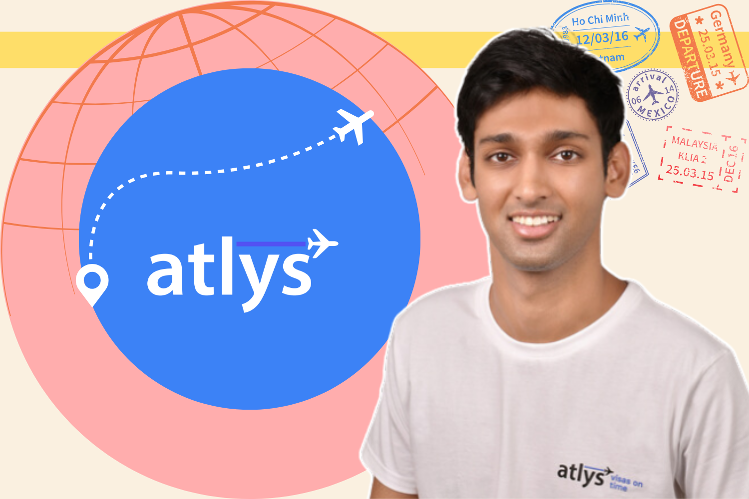 A smiling Mohak Nahta, founder and CEO of Atlys, is pictured wearing an Atlys-branded t-shirt. The background features a globe illustration, flight stamps, and a dotted airplane path, emphasizing global travel. The Atlys logo, accompanied by a location pin and airplane icon, is prominently displayed in the center, representing the company's focus on visa services.