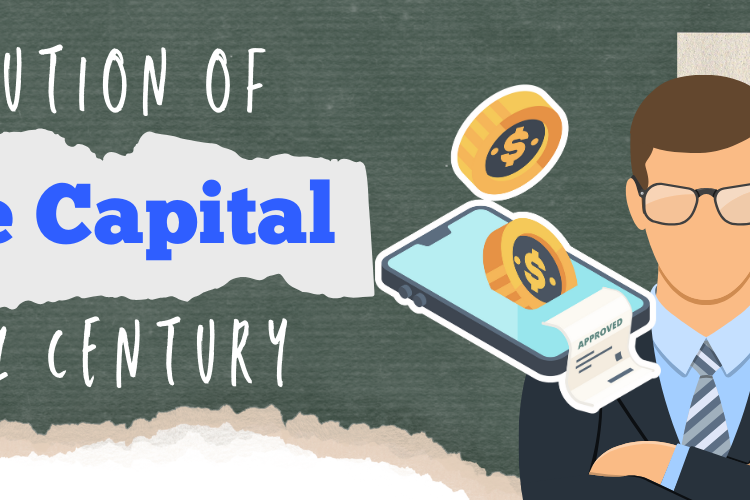 Illustration of a business professional with a magnifying glass standing beside a smartphone with digital currency symbols, titled 'The Evolution of Venture Capital in the 21st Century.