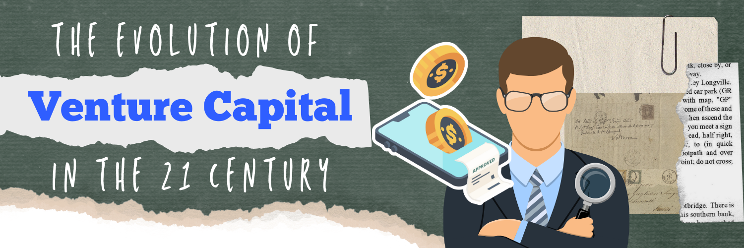 Illustration of a business professional with a magnifying glass standing beside a smartphone with digital currency symbols, titled 'The Evolution of Venture Capital in the 21st Century.