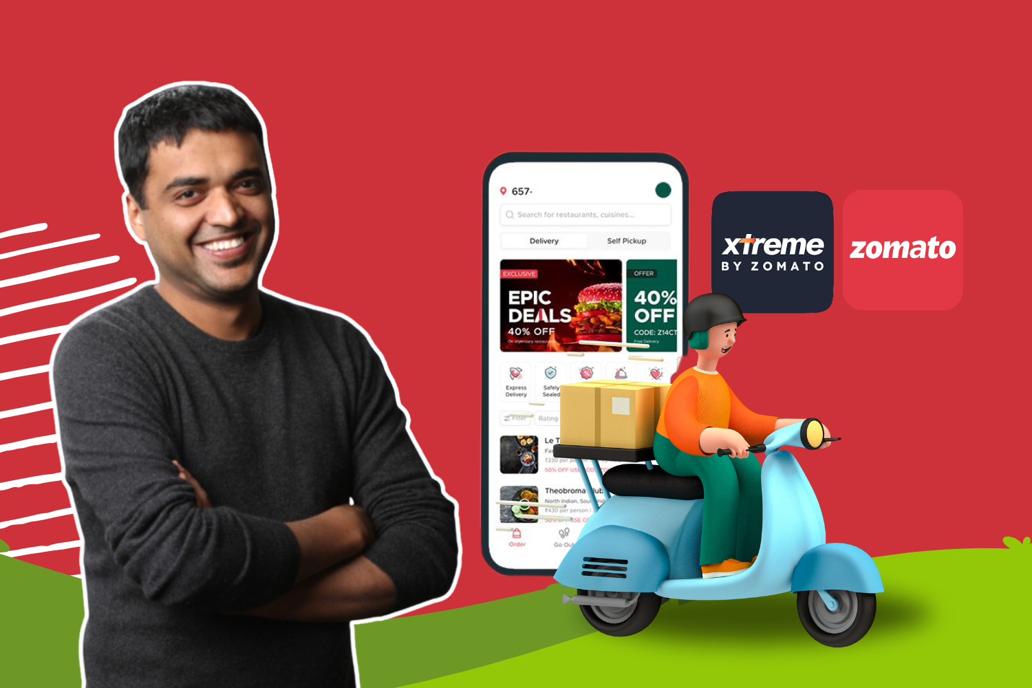 The image features Deepinder Goyal, CEO of Zomato, smiling with arms crossed. In the background is a mobile phone screen displaying the Zomato app, showcasing food delivery deals like "Epic Deals" and "40% Off." Beside him, a graphic illustration shows a delivery person on a blue scooter carrying a package, representing Zomato Xtreme’s logistics service. The logos of "Xtreme by Zomato" and "Zomato" appear prominently in the backdrop against a red and green design.