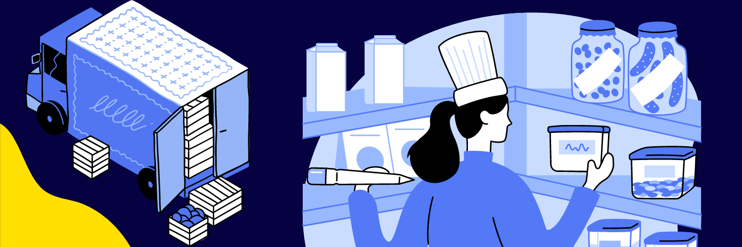 Illustration of a chef organizing food supplies on shelves, with a refrigerated truck unloading fresh produce and packaged goods. The scene highlights efficient inventory management and supply chain logistics, featuring blue and white tones with a clean, modern design.