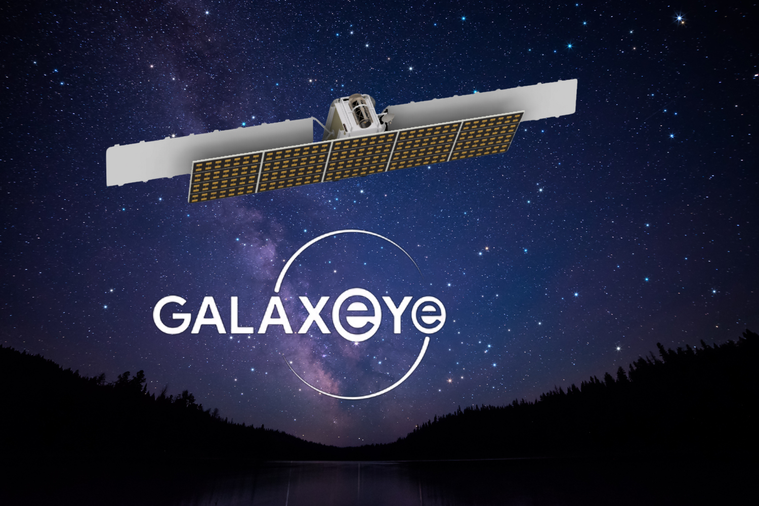 The image shows a satellite labeled "GalaxyEye" floating in space with an expansive starry night sky in the background. The satellite has large solar panels, visible on both sides, extending outward. Below the satellite, the "GalaxyEye" logo is displayed in white text, with a circular design incorporated into the "e," resembling an eye or lens, symbolizing observation or vision. The scene evokes a sense of exploration and advanced technology in space.