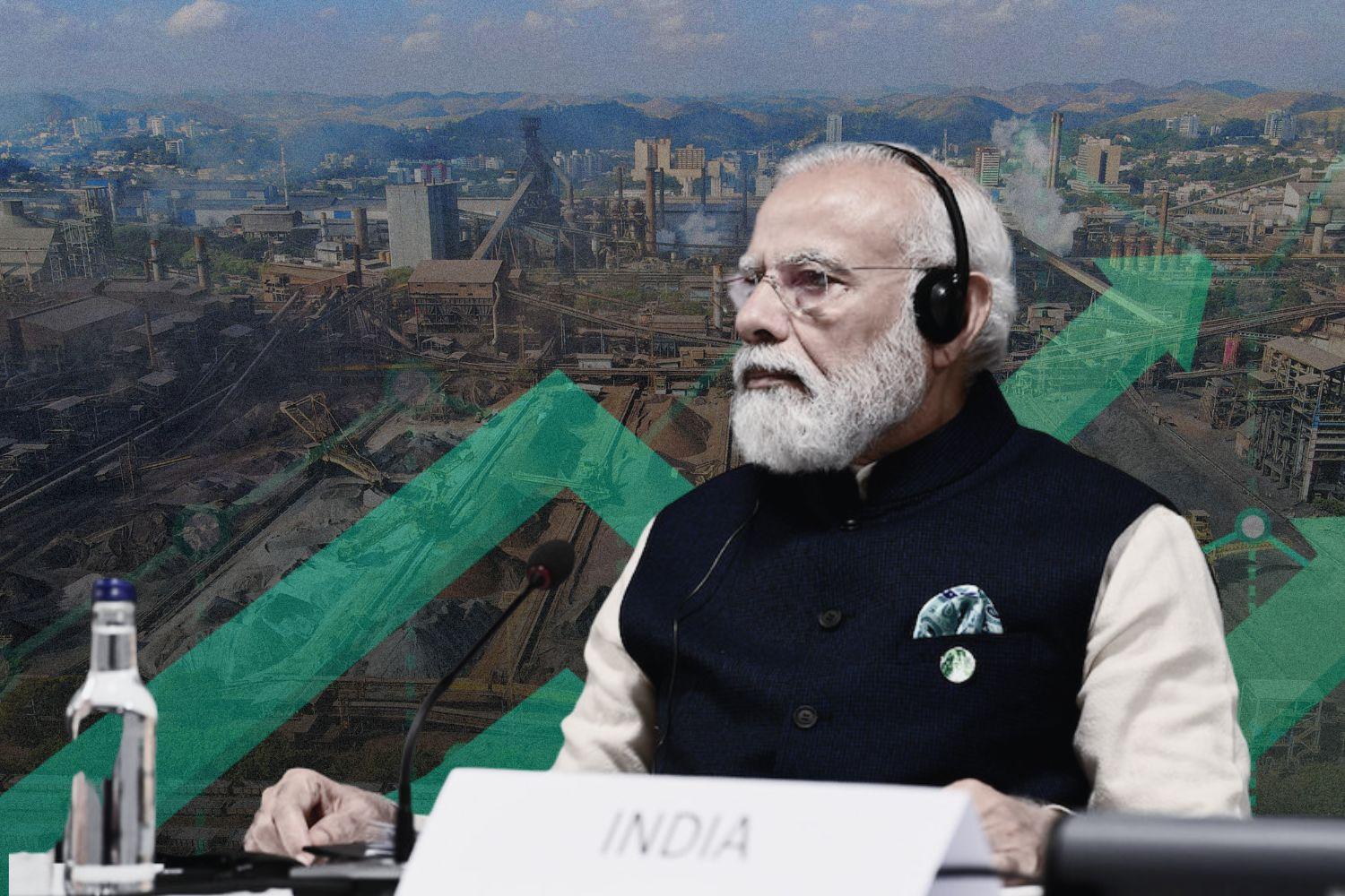 Indian Prime Minister Narendra Modi sits at a conference table with a nameplate labeled "INDIA," wearing headphones for simultaneous translation. In the background, an industrial landscape is overlaid with green upward-pointing arrows, symbolizing economic growth and industrial development in India. The image conveys themes of leadership, economic progress, and national advancement.
