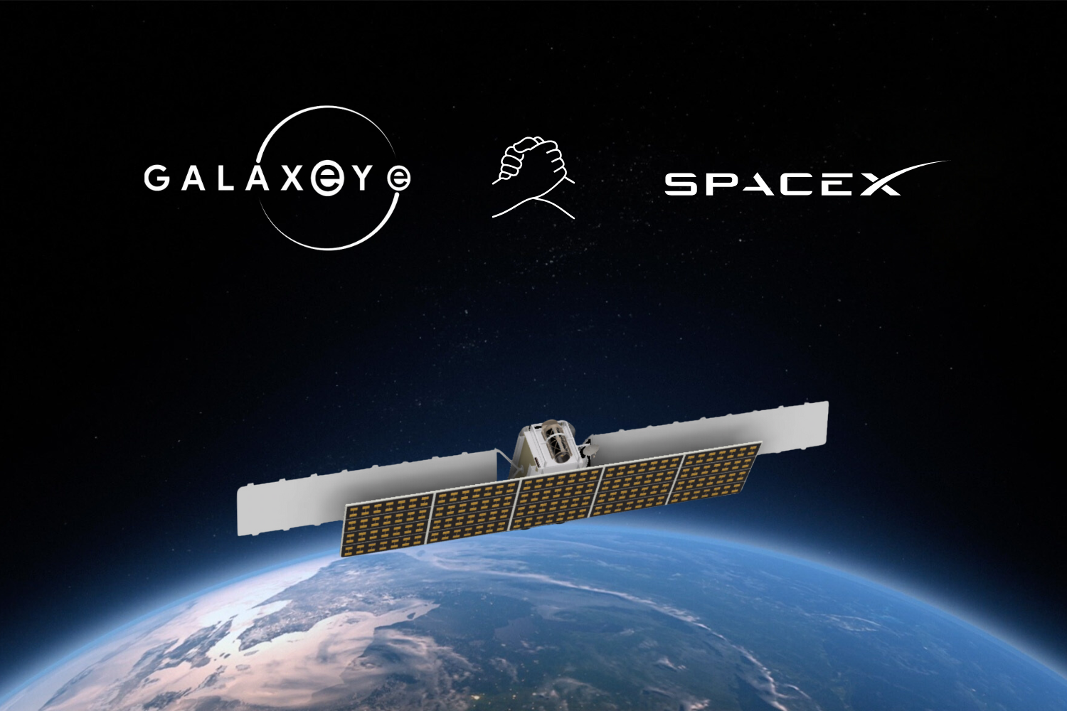 The image shows the logos of GalaxEye and SpaceX with a handshake icon between them, above a satellite orbiting Earth. The satellite is depicted with extended solar panels, hovering over a view of Earth's atmosphere and surface from space.