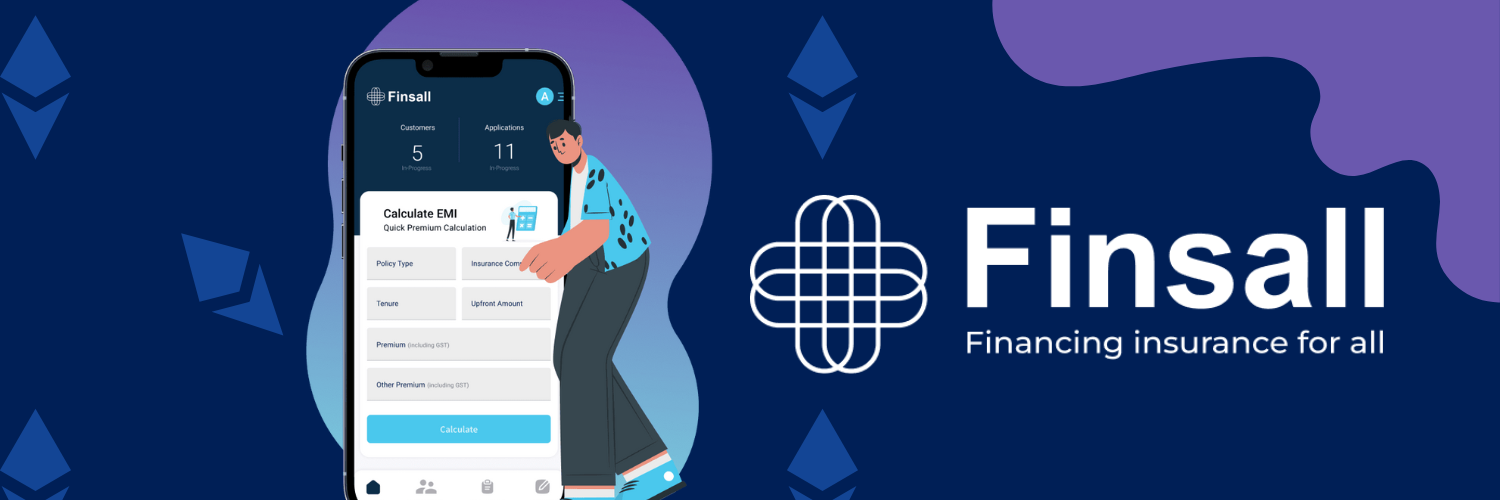 This image is a promotional banner for Finsall, showcasing their mobile app interface on a smartphone. The left side of the banner displays the app screen with an "EMI Calculator" for quick premium calculation, highlighting fields for policy type, tenure, insurance amount, and upfront amount. A cartoon character is interacting with the app on the phone, adding a human touch to the technology-focused visual. The right side features the Finsall logo along with the tagline "Financing insurance for all," set against a dark blue and purple abstract background. The overall design emphasizes simplicity and user-friendliness, appealing to a broad audience needing insurance financing solutions.