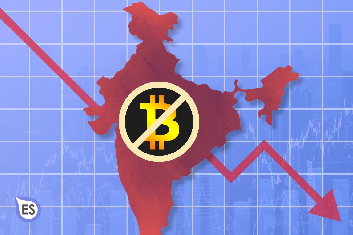 A graphic showing a map of India in red with a downward arrow symbolizing decline. A Bitcoin symbol crossed out is superimposed on the map, indicating a ban. The background features a blue grid with financial chart visuals and the "ES" logo in the bottom-left corner.