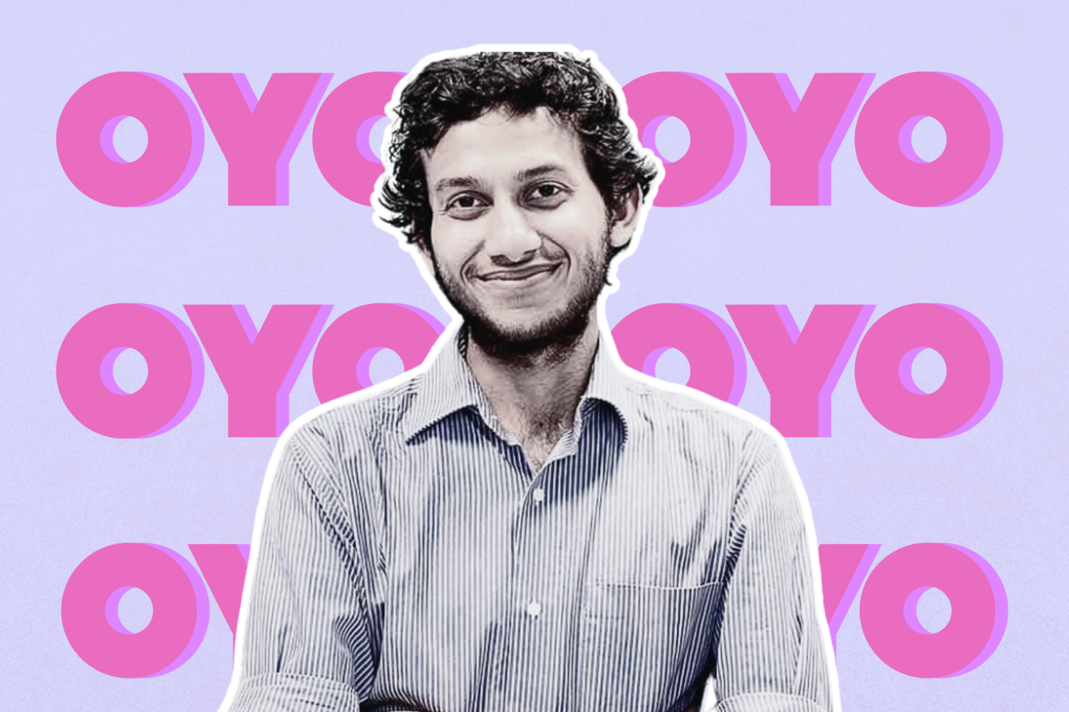 A smiling man, identified as Ritesh Aggarwal, founder of OYO, is wearing a striped shirt and centered against a pastel purple background, with the text "OYO" repeated in bold pink letters as a backdrop.