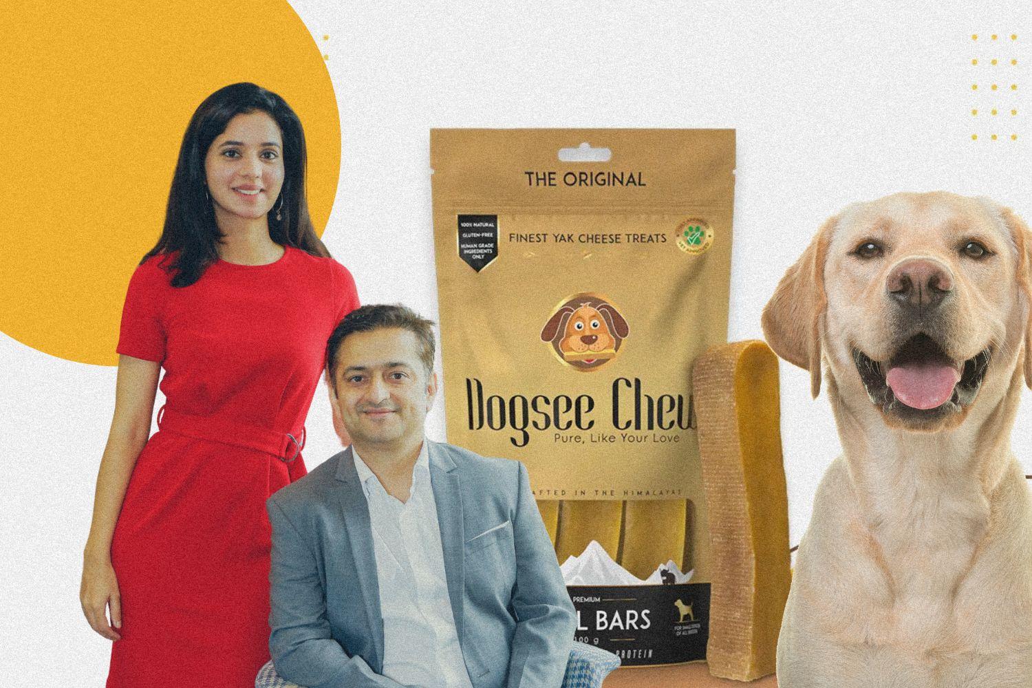 Image of Dogsee chew founders, Bhupendra Khanal and Sneh Sharma standing next to each other with their product