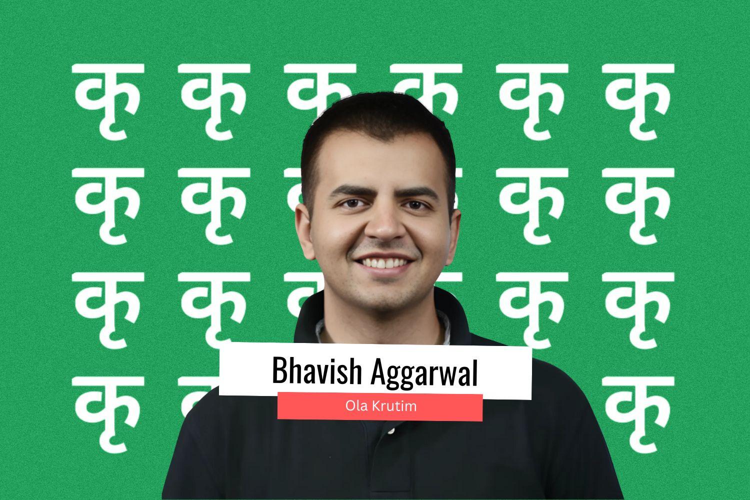 A digital thumbnail featuring Bhavish Aggarwal, founder of Ola Krutim. He is smiling and wearing a black polo shirt. The background is green with repeating white Devanagari "क" letters. His name is displayed in a white label with a red tag below mentioning Ola Krutim.