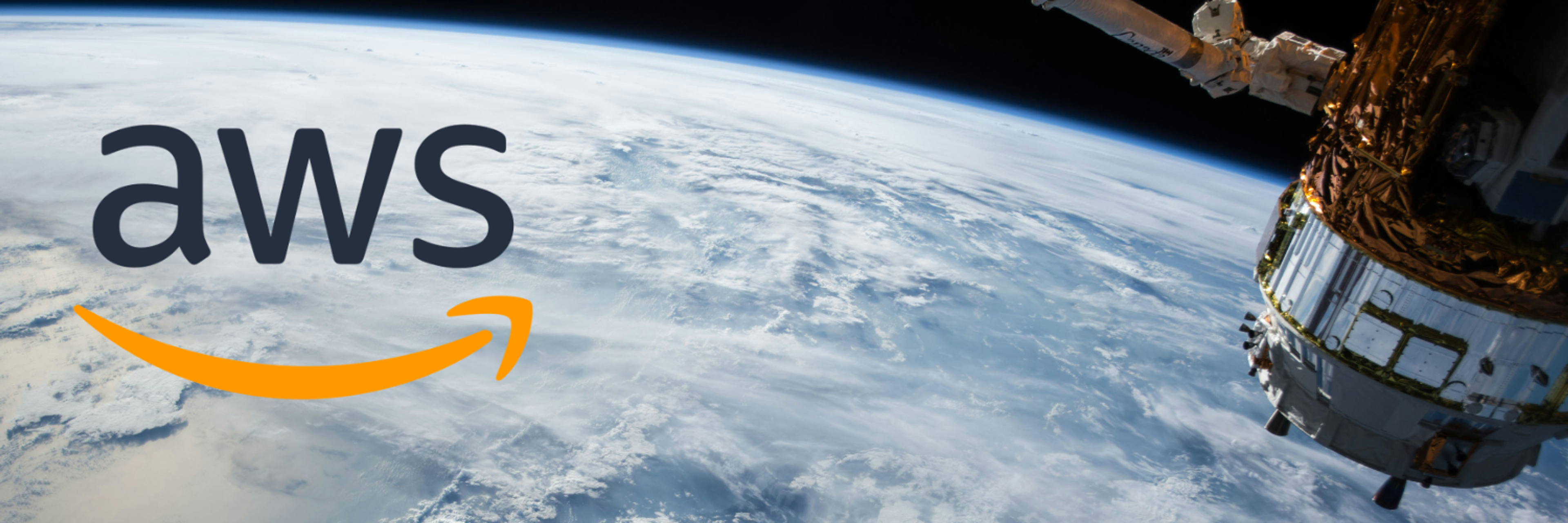 The image shows a satellite orbiting Earth with the AWS logo prominently displayed. The satellite is positioned on the right side of the image, while the Earth's curvature and atmosphere dominate the background. The AWS logo, featuring its distinctive orange swoosh, is placed on the left side, partially overlaid on the Earth. The scene highlights the connection between AWS and space technology.