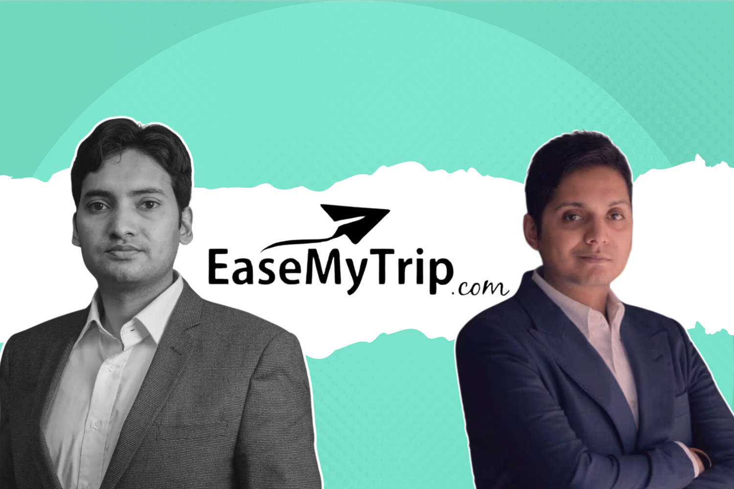 This image features two individuals in formal attire, presented against a teal background. The logo of EaseMyTrip.com is centered, with its distinctive airplane icon. The overall design conveys professionalism and brand identity.