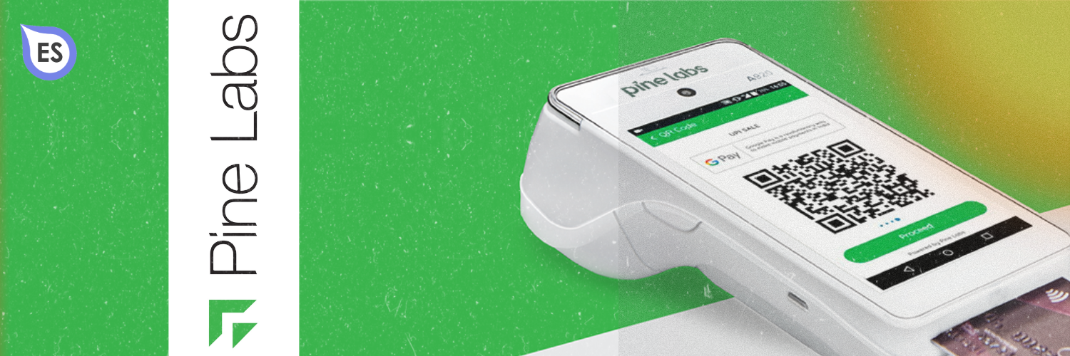 Wide promotional banner featuring a Pine Labs payment terminal displaying a QR code on its screen, with a green textured background. The Entrepreneurship Studio logo is visible in the top left corner