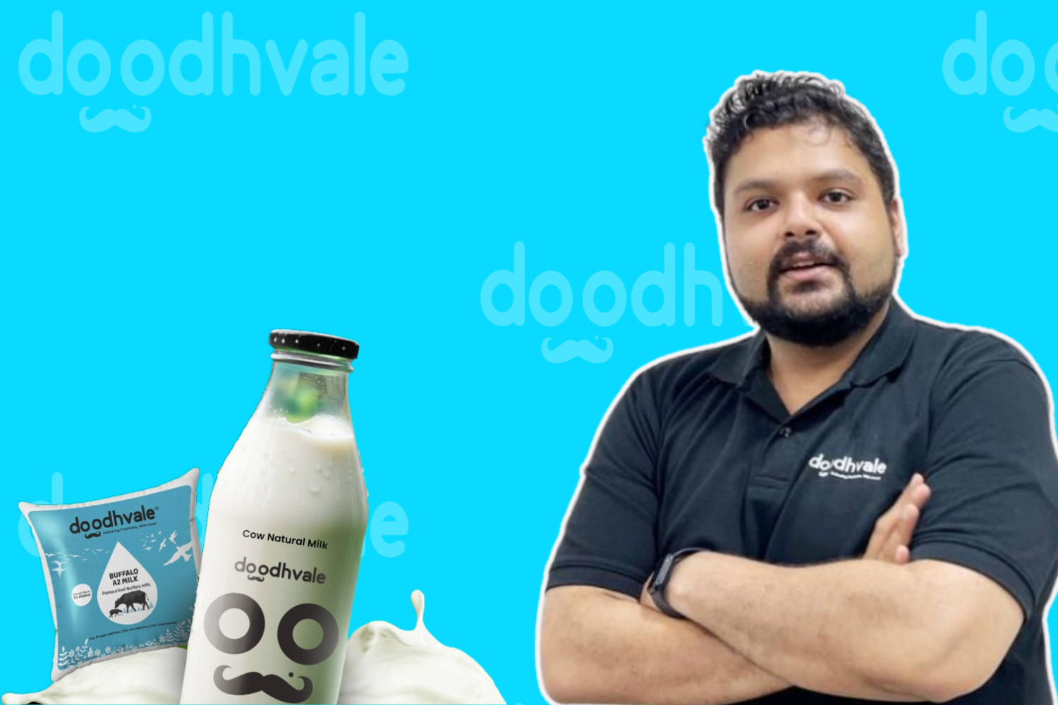 A vibrant banner featuring a Doodhvale milk bottle, a milk pouch, and a confident team member in branded attire, set against a bright blue background with the Doodhvale logo.
