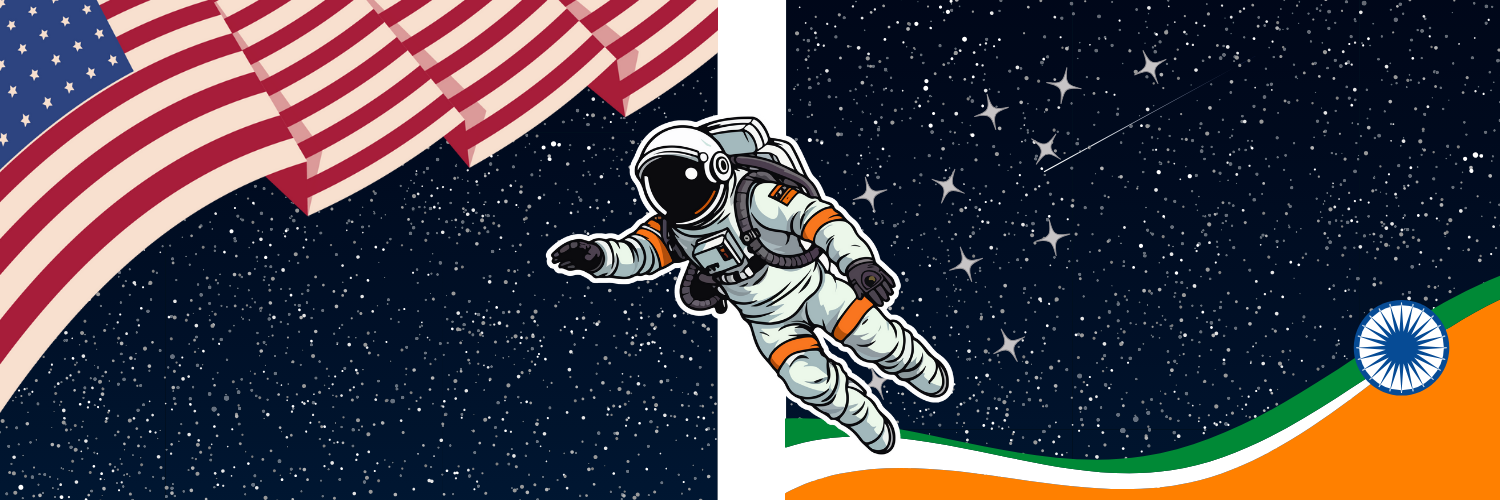 An astronaut floating in space between the American flag on the left and the Indian flag on the right, set against a starry night sky background.