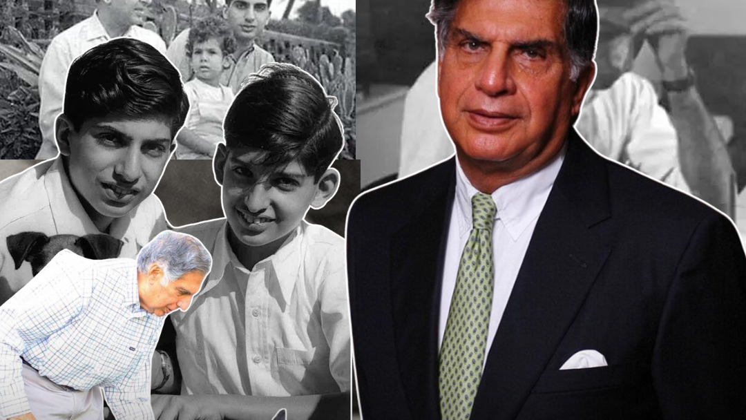 The image is a collage featuring multiple black-and-white and color photos of Ratan Tata at different stages of his life. The central and largest figure is Ratan Tata as an older man, dressed in a suit with graying hair and a green tie. Surrounding him are various images from his younger years, including a black-and-white yearbook photo and family snapshots from his childhood and adolescence. One of the photos shows him shaking hands with a German Shepherd, symbolizing his love for dogs. The collage highlights the journey of Ratan Tata, a legendary businessman and former chairman of Tata Sons, known for his visionary leadership, philanthropy, and global contributions.