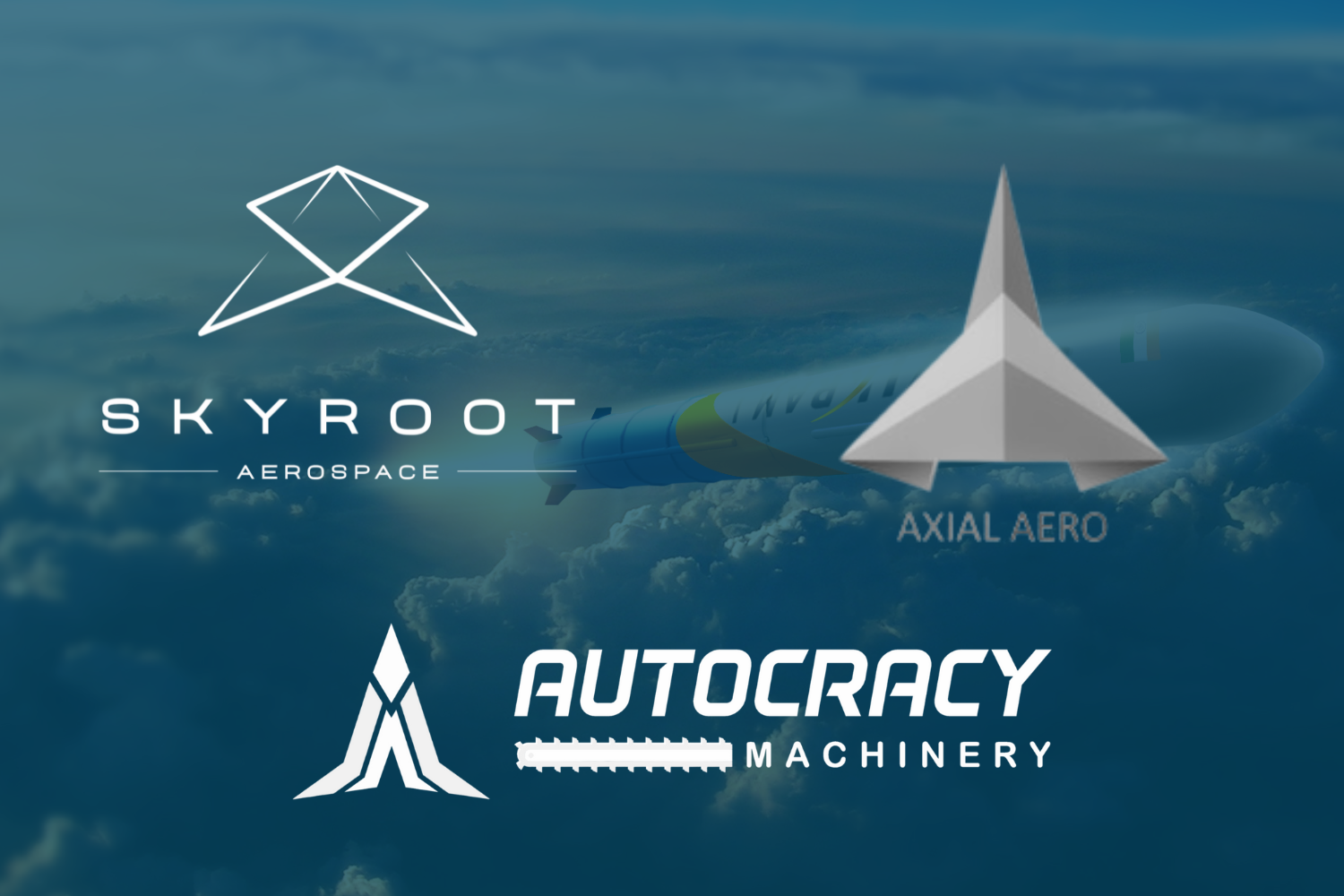 A graphical composition with aerospace-themed logos and a rocket overlaid on a cloudy sky background.