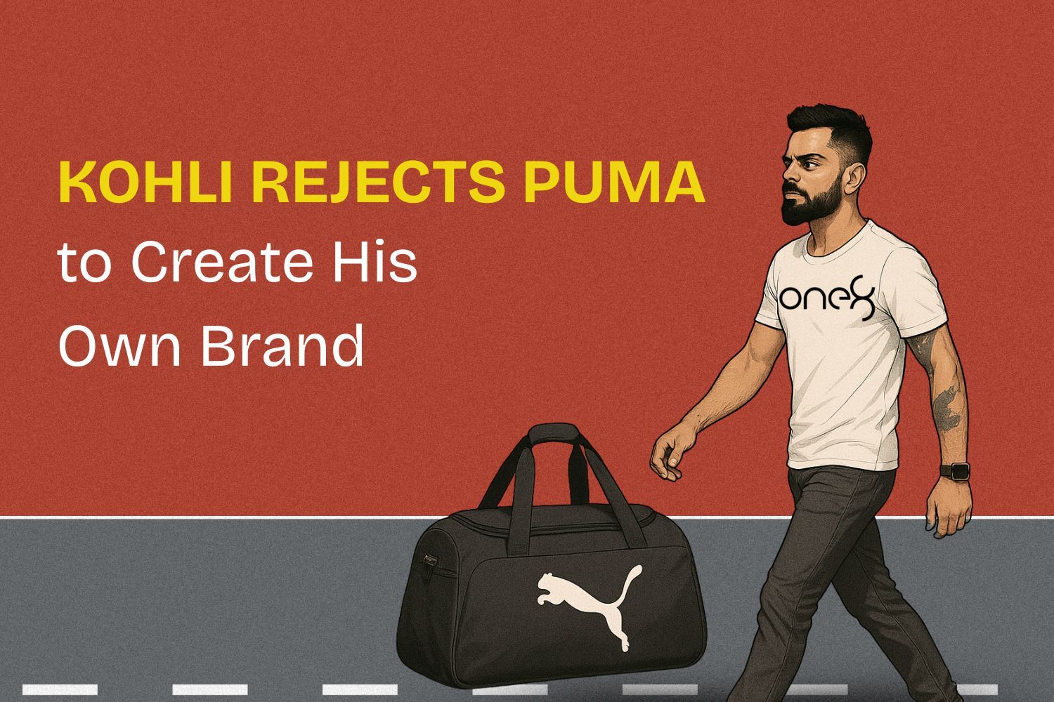 Image presenting Virat Kohli, wearing the tshirt of One8 his own brand after rejecting Puma, a german athleisure brand.