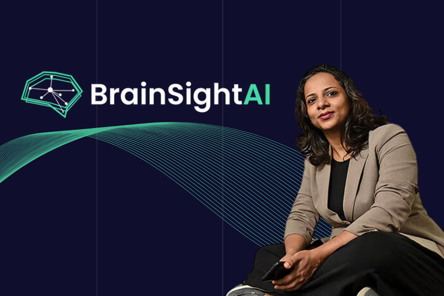 A woman seated, dressed in a blazer and black pants, holding a phone. The background is dark with flowing green lines, and the "BrainSightAI" logo features a brain illustration integrated with connected nodes.