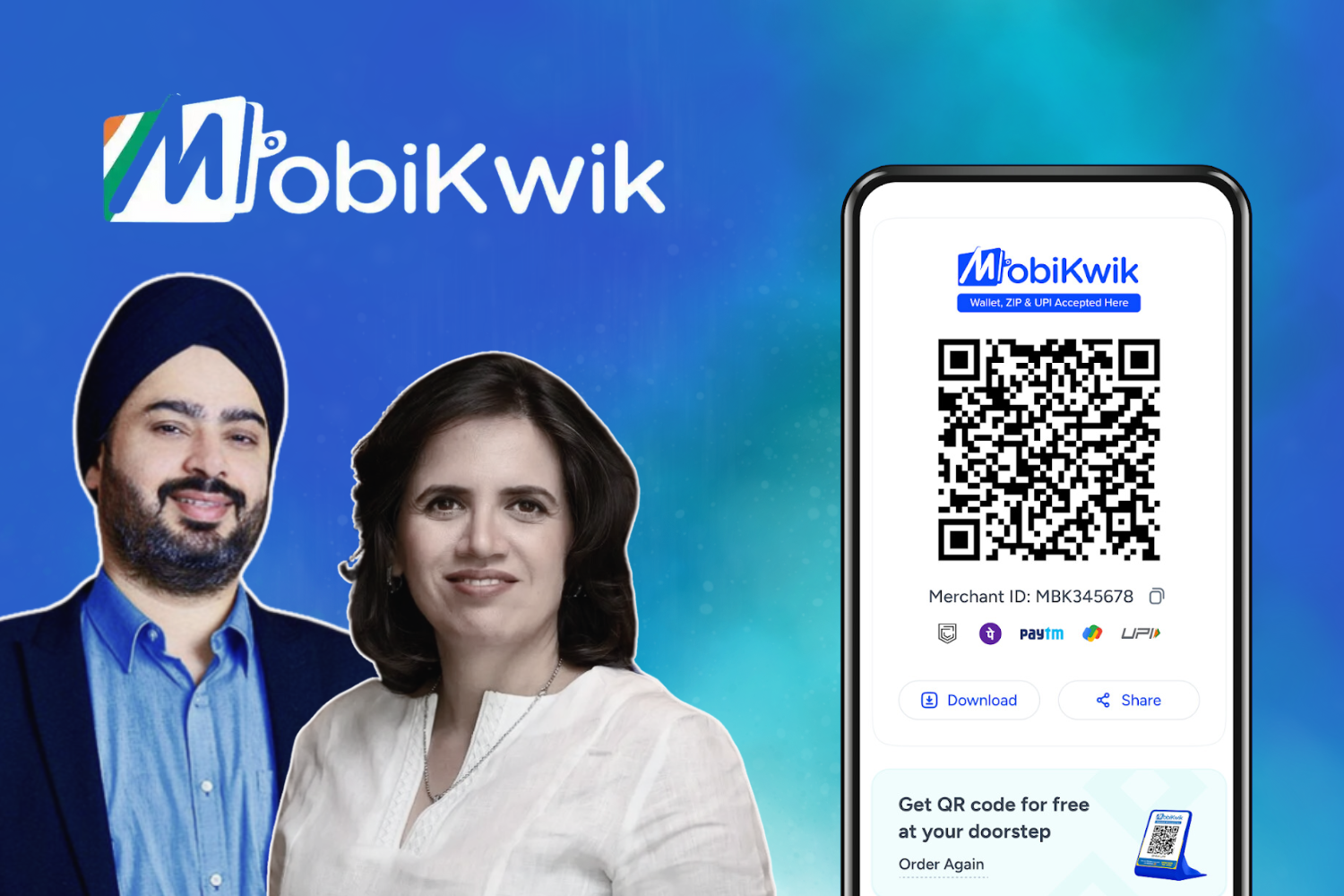 The image showcases the founders of MobiKwik, a digital payments platform. On the left are the co-founders, and on the right is a smartphone displaying a MobiKwik QR code for payments.