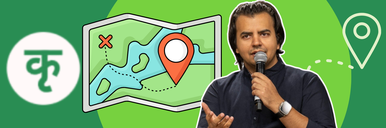 An image showing Bhavish Aggarwal, the founder of Ola, speaking into a microphone. The background features a green theme with an illustrated map that has a location pin and a dotted path, symbolizing navigation. The logo of Krutrim, the AI startup, is also visible on the left side of the image.