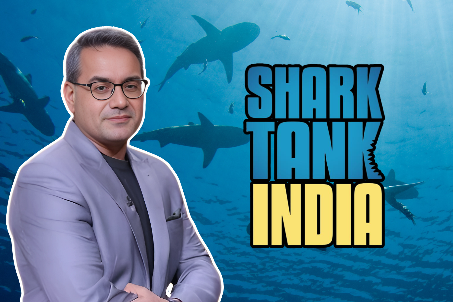 The image shows Kunal Bahl, co-founder of Snapdeal and Titan Capital, posed against an oceanic background with sharks swimming underwater. The logo of "Shark Tank India" is prominently displayed next to him, indicating his association with the show.