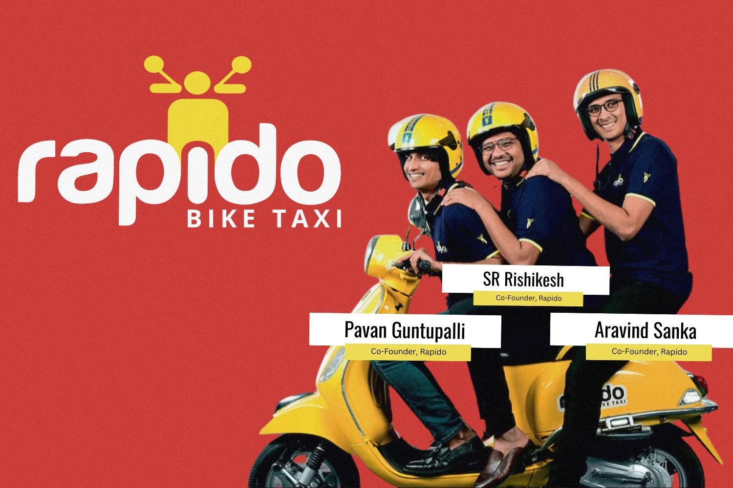 A promotional image featuring the three co-founders of Rapido—Pavan Guntupalli, SR Rishikesh, and Aravind Sanka—posing on a yellow scooter. They are all wearing blue Rapido-branded polo shirts and yellow helmets with the company's logo. The background is red, with the "Rapido Bike Taxi" logo prominently displayed on the left. Name tags indicate their names and titles as Co-Founders of Rapido.