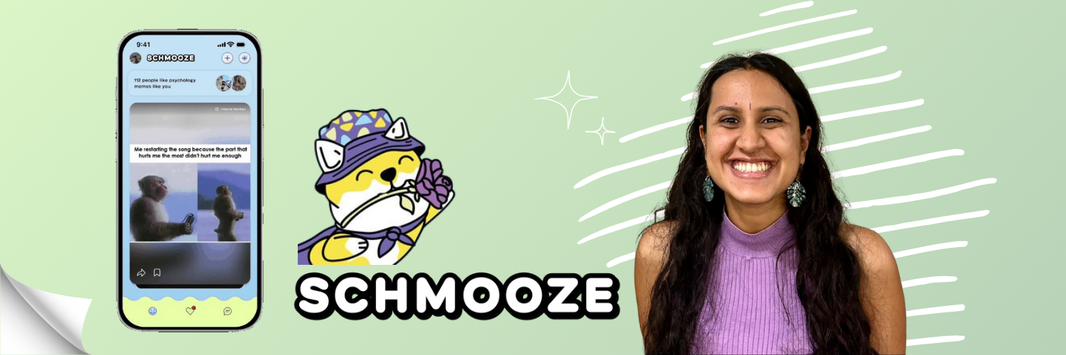 Schmooze app interface on a smartphone next to a smiling woman, Vidya Madhavan, co-founder of Schmooze. The app screen displays a meme featuring a monkey, symbolizing the platform's meme-based dating approach. The Schmooze logo, featuring a cute animated character wearing a hat and glasses, is placed in the center, with a light green background and playful doodles.