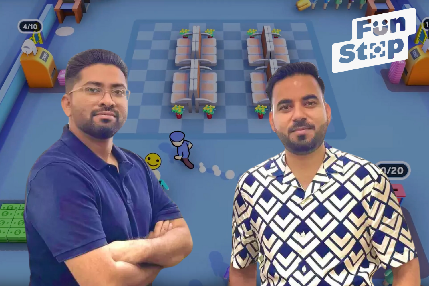 The image shows two men standing in front of a colorful, animated background with a gaming theme. The man on the left is wearing a dark blue shirt with his arms crossed, while the man on the right is in a patterned shirt. A logo in the top right corner reads "Fun Stop."