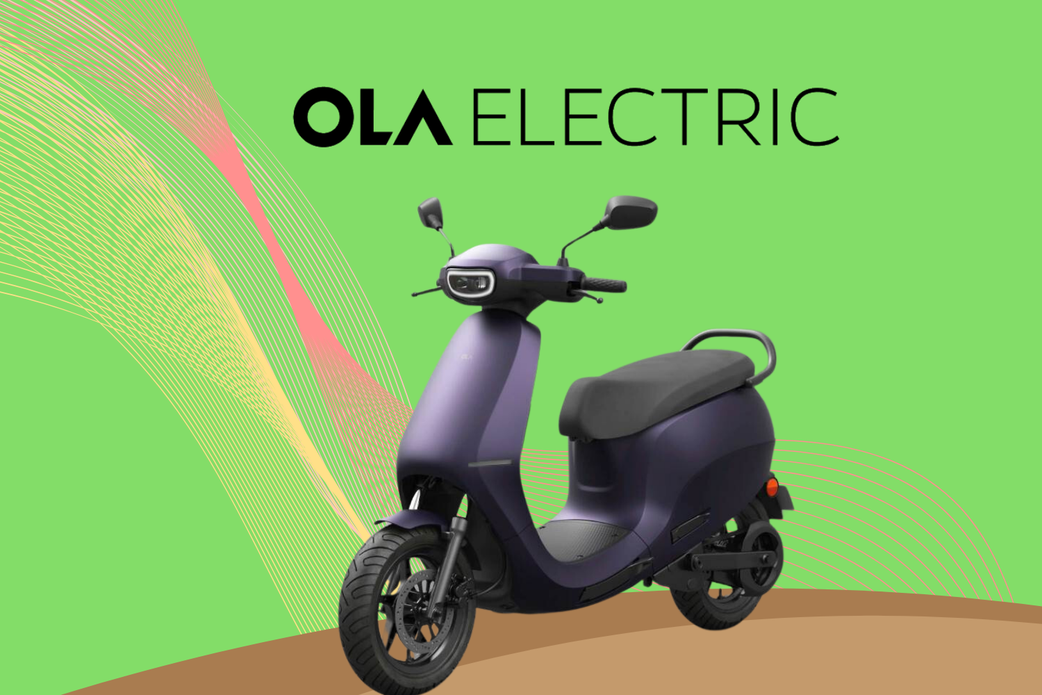 A sleek purple electric scooter is showcased on a green background with colorful, wavy lines. The Ola Electric logo is prominently placed in black text above the scooter.